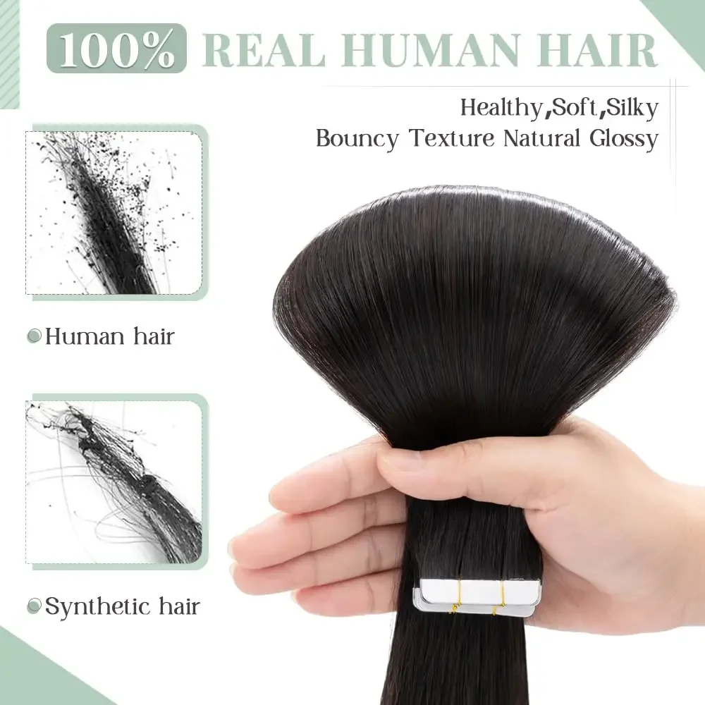 Extensii de păr drepte cu bandă adezivă, culoare naturală braziliană, fără sudură, păr uman real_voghion.com