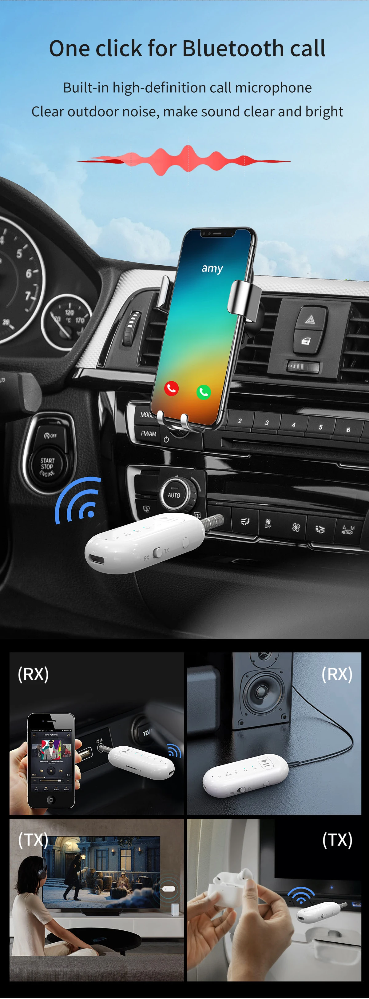 JL Bluetooth 5.1 2-in-1 Adapter: TX/RX, 3.5mm Aux Car Audio factory