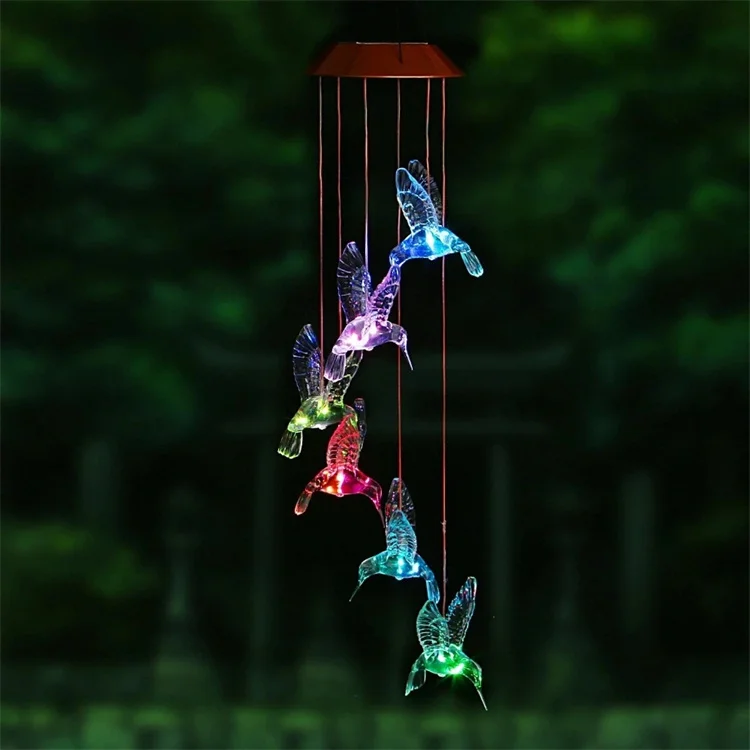 LED Color Changing Solar Wind Chime Light 6 Hummingbird Butterfly Wishing Bottle Waterproof Outdoor Garden Patio Decor Light