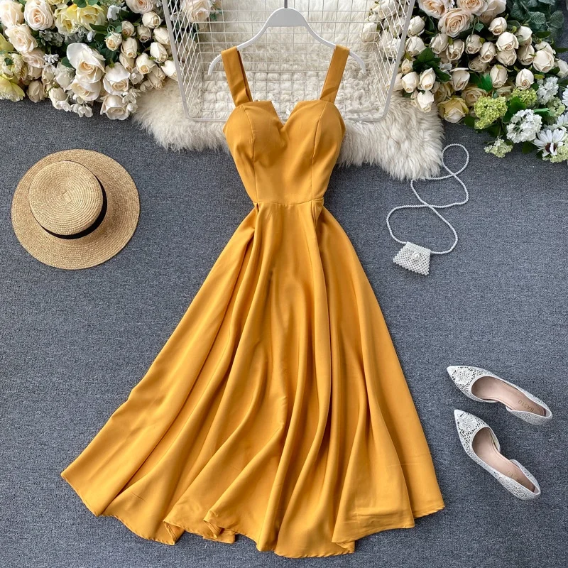 Summer Women V-Neck Sleeveless Backless Retro Solid Color Female Casual  Dresses