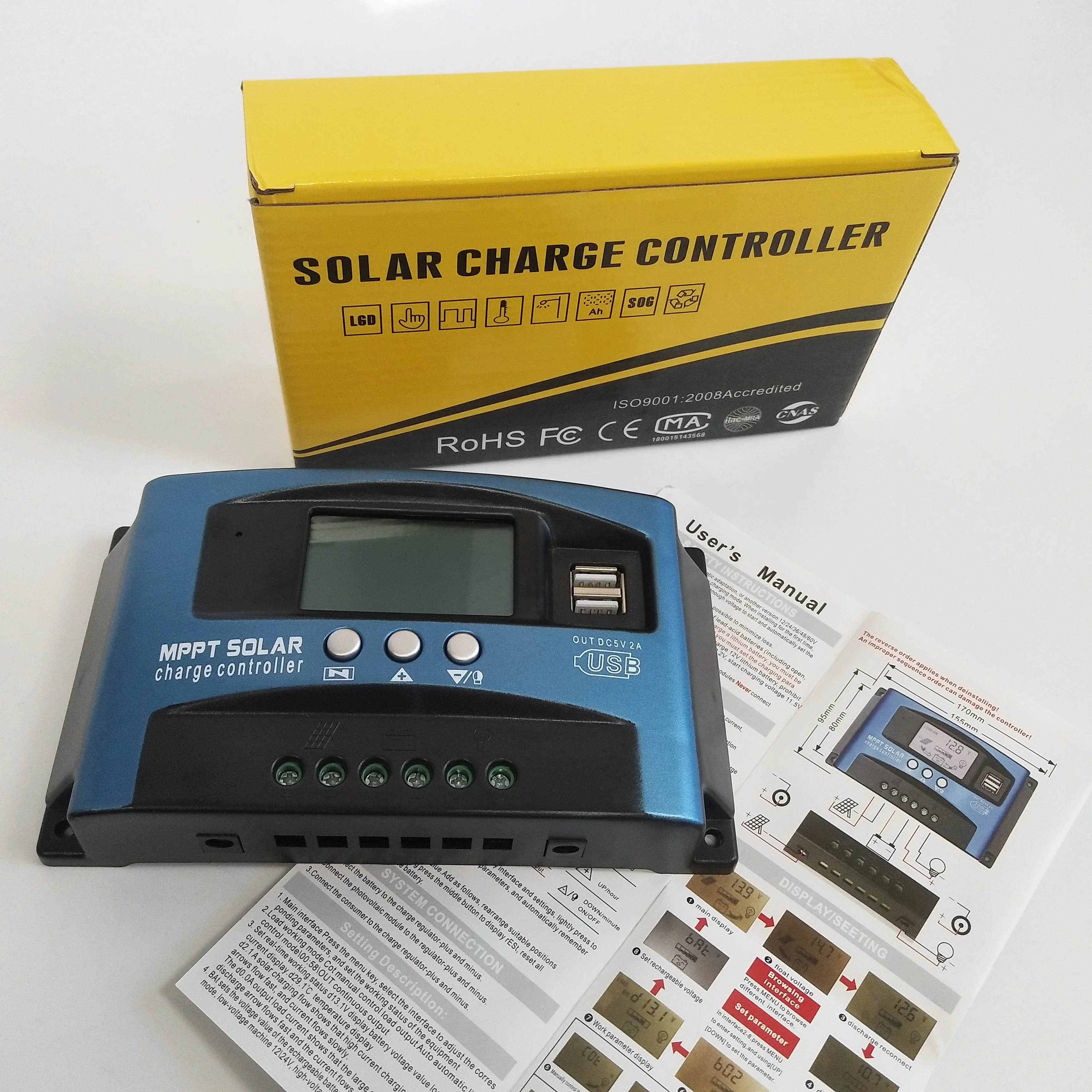 MPPT Solar Charge Controller 100A Solar Power Regulator 12V 24V Auto Dual USB LCD Display Load Discharger for Off Grid System