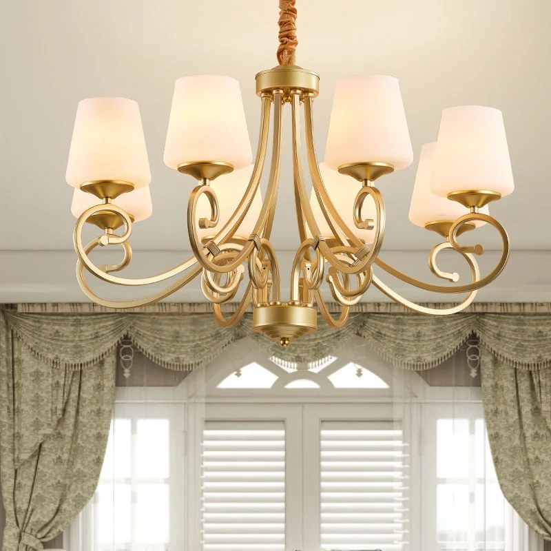 Wohnzimmer-Kronleuchter im ländlichen Stil, schlicht, retro, europäisch-amerikanisch, goldfarben, kreativ, LED, zweckmäßig, aus Eisen und Glas zur Beleuchtung