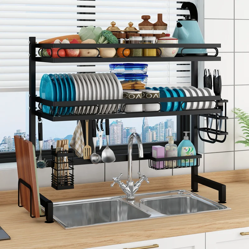 Over the Sink Dish Drying Rack Stainless Steel 2 Tier Dish Rack Above Kitchen Sink Shelf Durable Black Dish Drainer