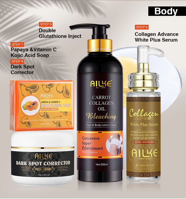 Private Label Ailke Skin Care Set Double-Glutathione Whitening Serum Dark  Spot Face Cream Black Skin Soap Bleaching Body Lotion - China Skin Care and  Whitening Cream price