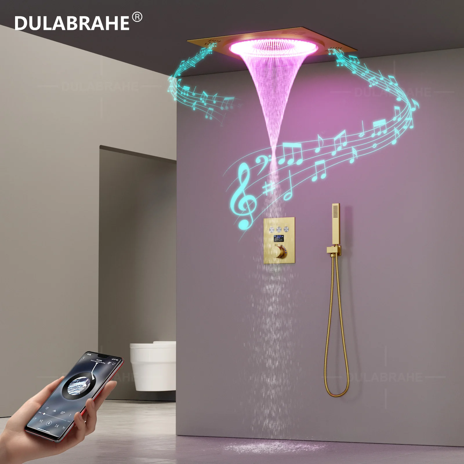 DULABRAHE Thermostatic Ceiling LED Rain Shower System Set Bathroom Brushed Gold 20 Inch Rainfall Shower Head With Music Sky City