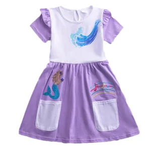 Customizable Wholesale Kids Summer Mermaid Embroidered Girls Short Sleeves Casual Dresses for 2-14 Years