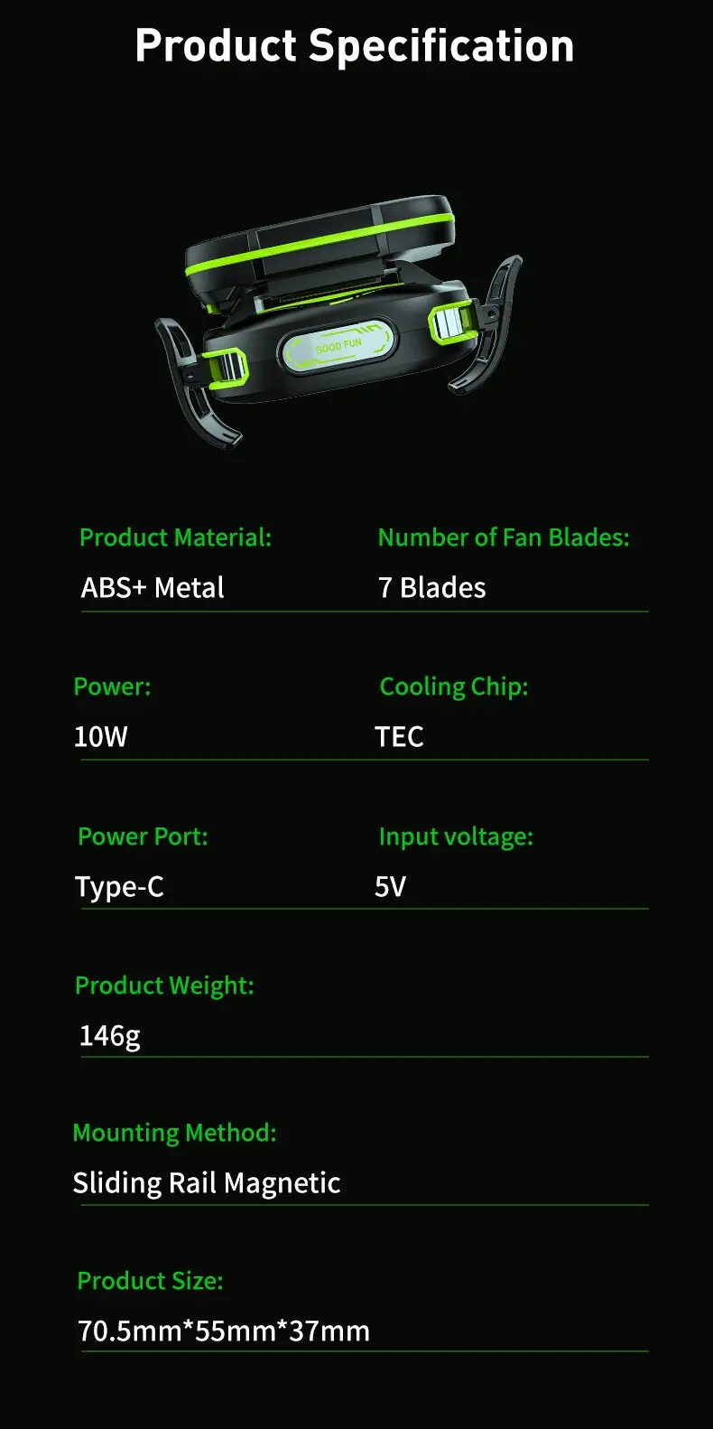 JS85 armored design Wireless 3000mAh Backpack battery Level 7 speed adjustable gaming semiconductor phone cooling radiator