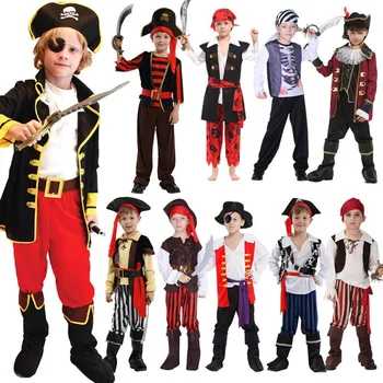 Halloween Boys Cosplay Anime Pirate Costume Captain Jack Sparrow Kids Clothes Party Carnival Costume with hat