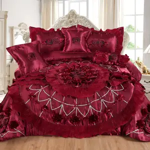 Luxury European Bridal Bedding Set, 6PC King Size Satin Duvet Cover with Lace Applique for Honeymoon Suite