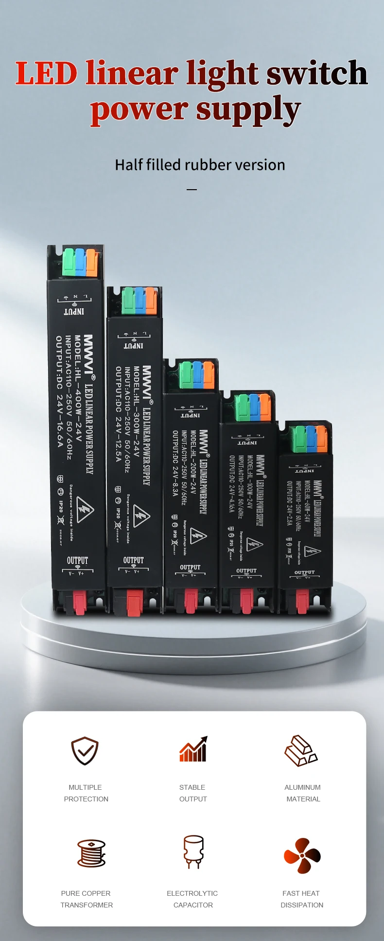 Lixiang LED Ultra-thin Strip Light Transformer 220V to 12V DC 80% Efficiency 20A Output Overcurrent Protection