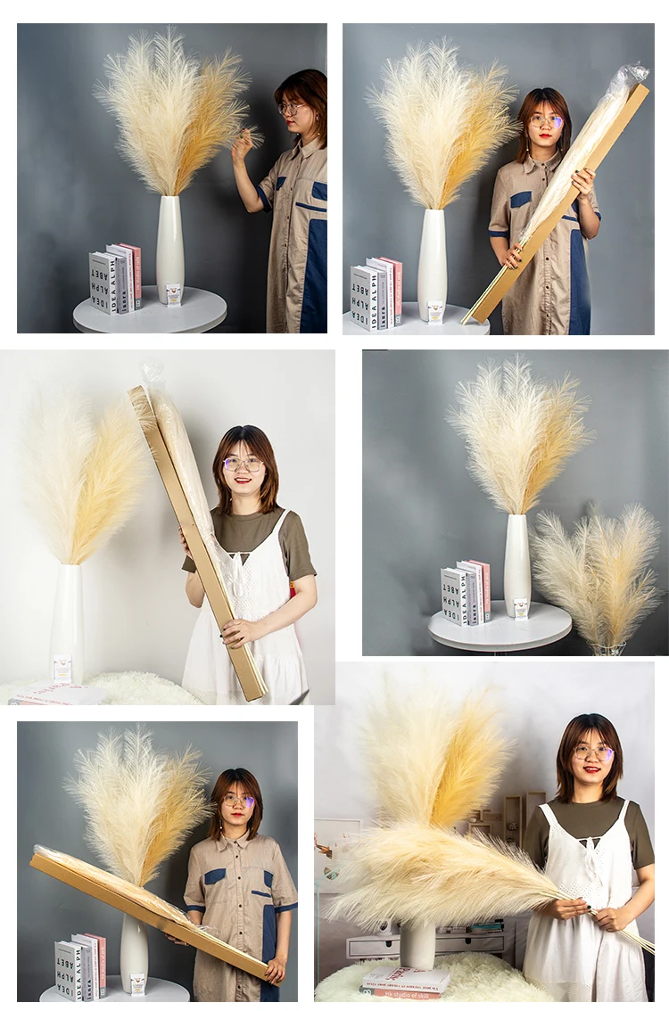 product hot sell large artificial silk natural dried pampas grass white dried long natural flower small fluffy pampas grass bouquet-56