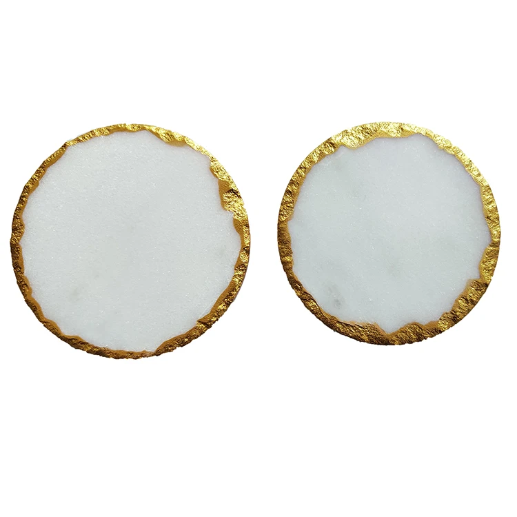 Wholesale Luxury White Marble Coasters Round Gold Edge Table Usage Carton Packing