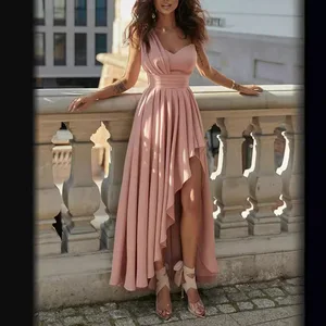 2026 New Solid Color Chiffon Diagonal Shoulder Slim Long Irregular Hem Floor-Length Ball Gown Natural Waist Backless Party Dress