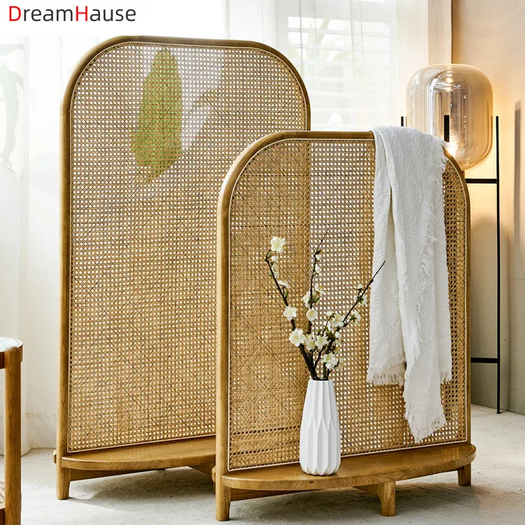 Dreamhause Nordic Fashion Decorative Floor Screen Living Room Handmade Solid Wood Rattan Divider