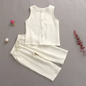 Wholesale Baby Clothes Set Summer Set Muslin Fabric Solid Color Sleeveless Button Loose Leisure Baby Boy Clothing