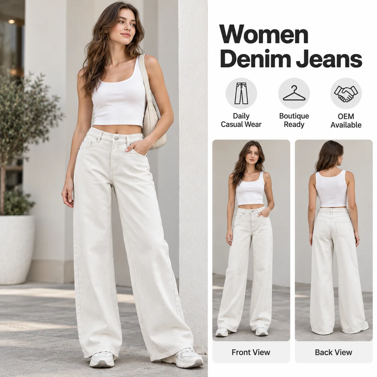 Mid Waist Barrel Wide Leg Women Jeans Off -White Stone Washed Denim Pants Denim Jeans for Women