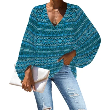 1MOQ Spring Summer Casual V-neck Blouses Women's Plus Size Shirt Custom Indian Tribal Print Ladies Tops African Art Style Tshirt