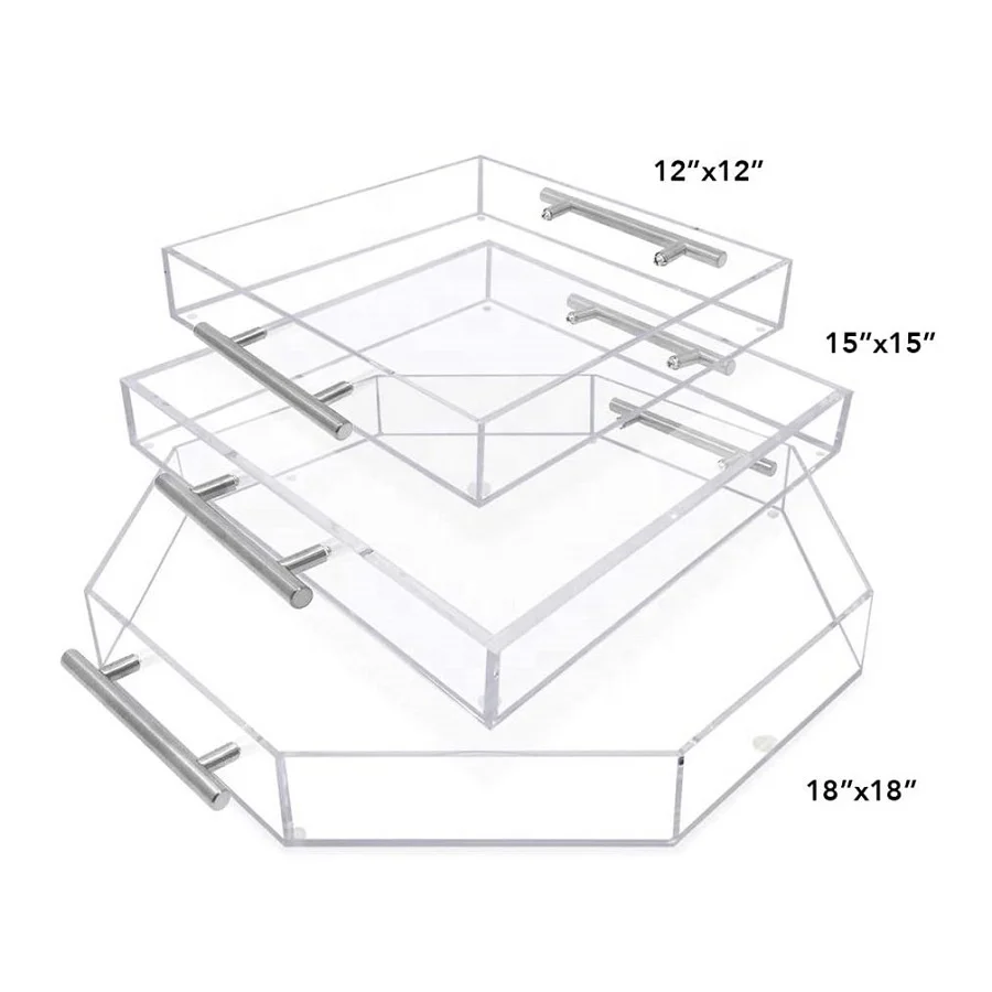 Modern Octagon Acrylic Serving Tray with Silver Handles Eco-Friendly Paper Material Engraved Logo for Home Food Serving