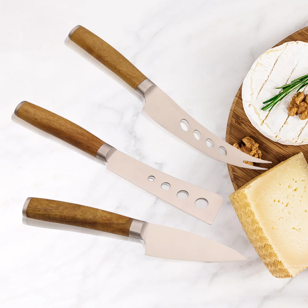 Jaswehome Set of 3 Stainless Steel Cheese Knife With Wood Handle Cheese Knives Cheese Tools Set Cutlery Tablewares