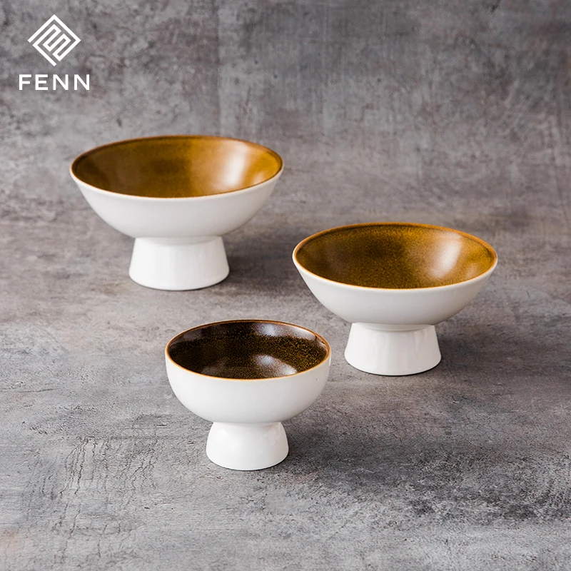 FENN Unique High Foot Decorative Ceramic Fruit Display Bowl Reactive Glaze Salad Dessert Ice Cream Bowls Ceramic Bowls