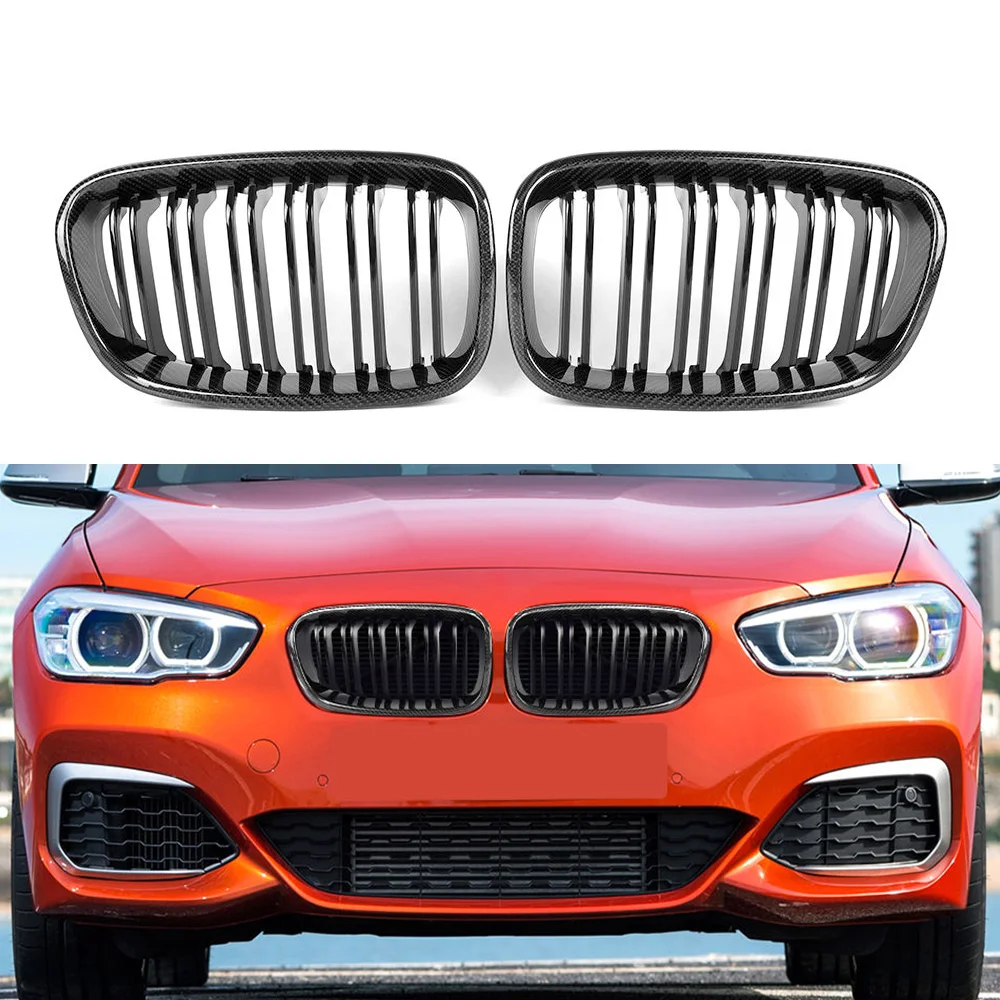 Double Slats Carbon Fiber Front Bumper Kidney Grille Mesh Grill for BMW 1 Series F20 135i LCI 2012-2014