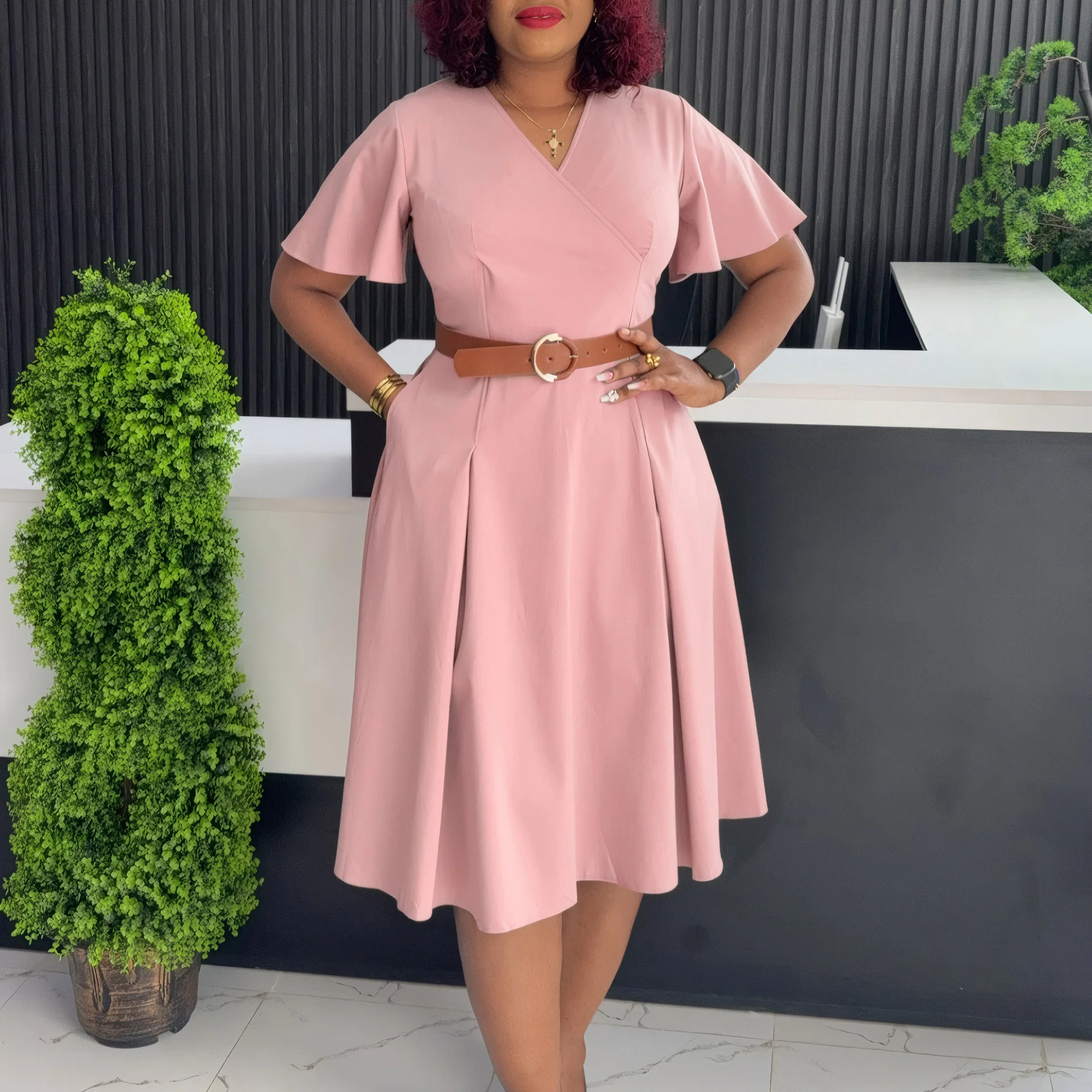 Trendy Summer Dresses for Women | Casual V-neck Office Lady Dress | Elegant  African Styles | Flare Sleeves & High Waist