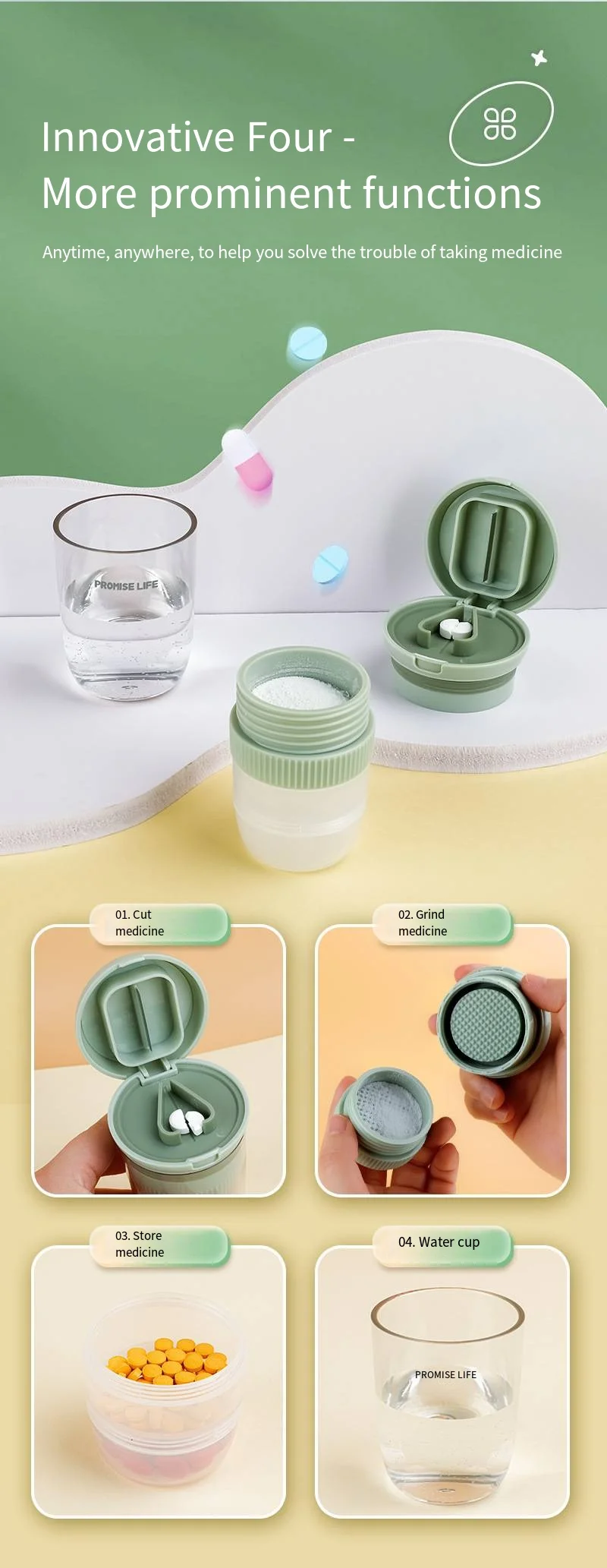 Portable 4-in-1 mini medicine box cutting with compartments sealed storage portable multi-functional medicine cutter supplier