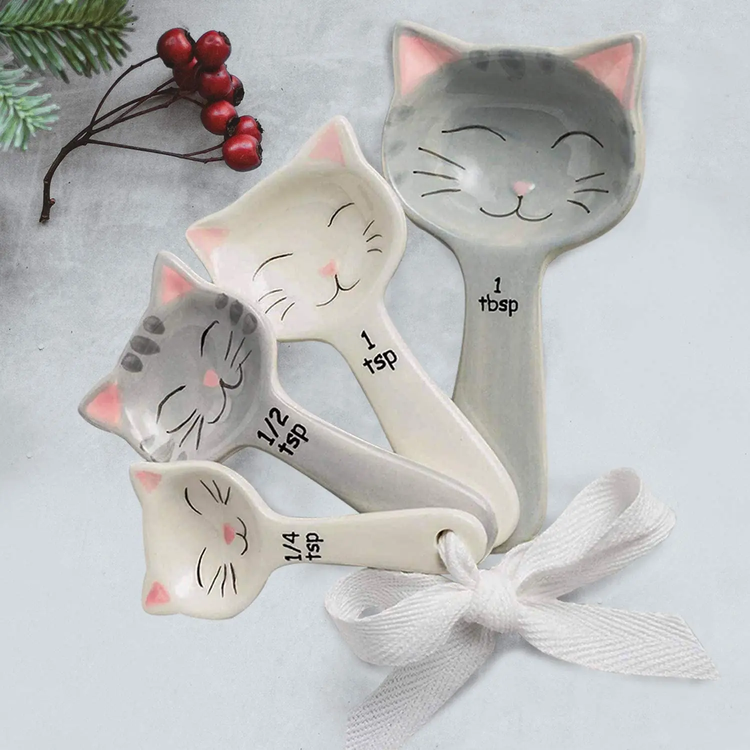 Cute Ceramic Cat Measuring Spoons with Ribbon Tie Cat Shaped Baking Measuring Tool Set of 4 Perfect for Any Cat Lovers
