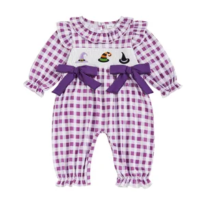 Custom Baby Clothes Shirred Smocked Baby Clothing Casual Plaid Jumpsuit Embroidered Baby Rompers