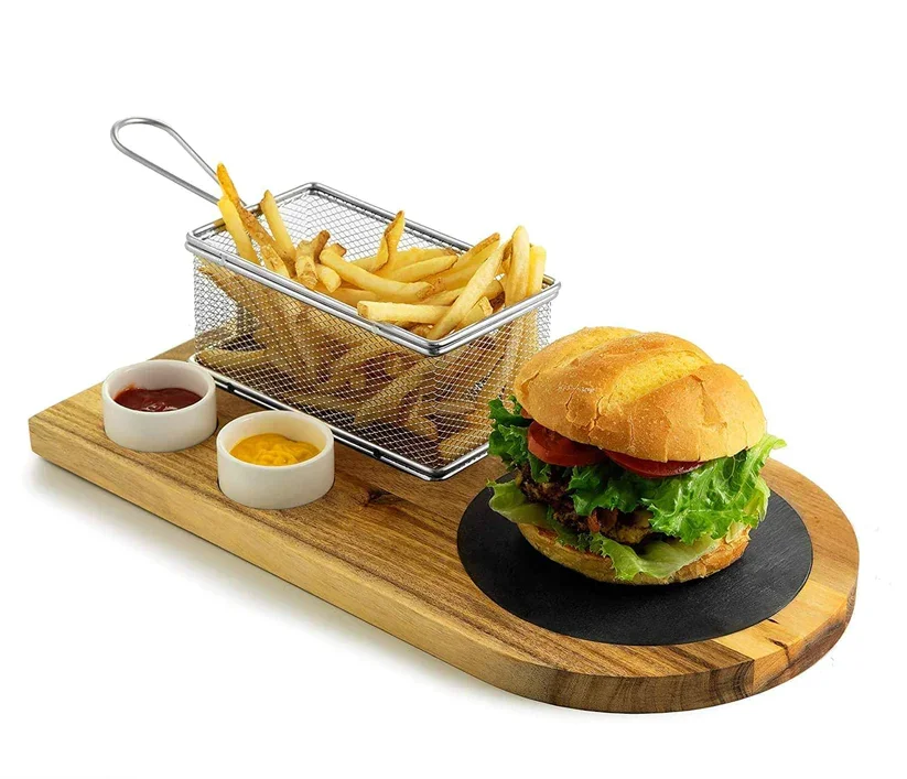 Burger Board Set Wooden Burger Plates Platter Lovers Customized Steak Plate Burger coaster BBQ Serving Board With Handle