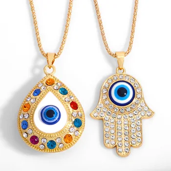 Fashionable 2022 Simple Alloy Fatima Hand Necklace Jewelry Turkish Blue Eyes With Diamonds 2 Styles Gold Jewelry