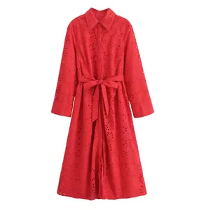 High Quality Vintage Midi Dress Embroidered Waistband Loose Casual Bohemian Lace Button Bow Hole Breathable Solid Long Ruffles