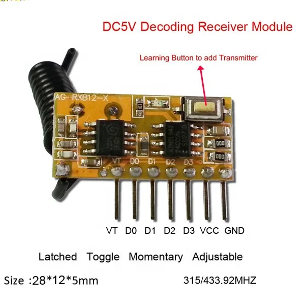 433Mhz Wireless Receiver Learning Code 1527 Decoding Module 4 CH Output Learning Button