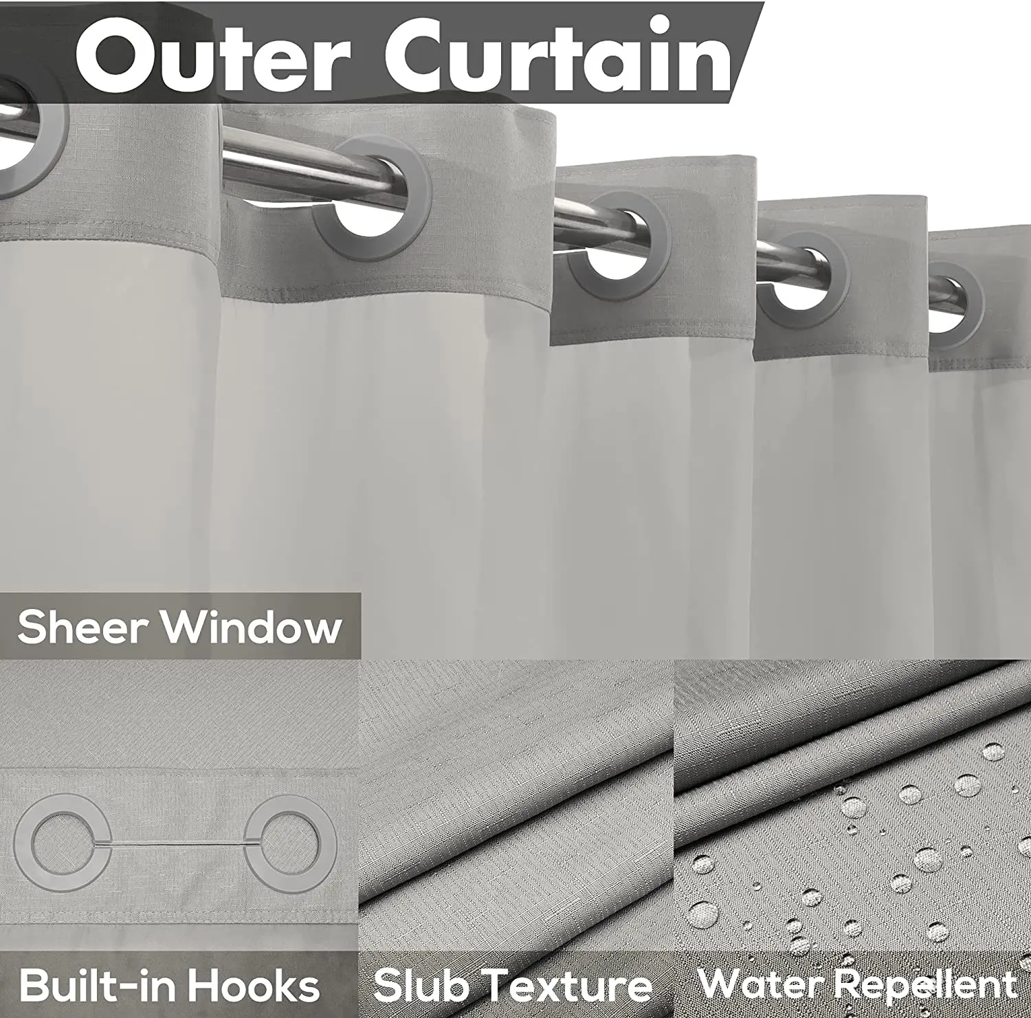 New Custom Polyester Waterproof Hookless Shower Curtain Double Liner