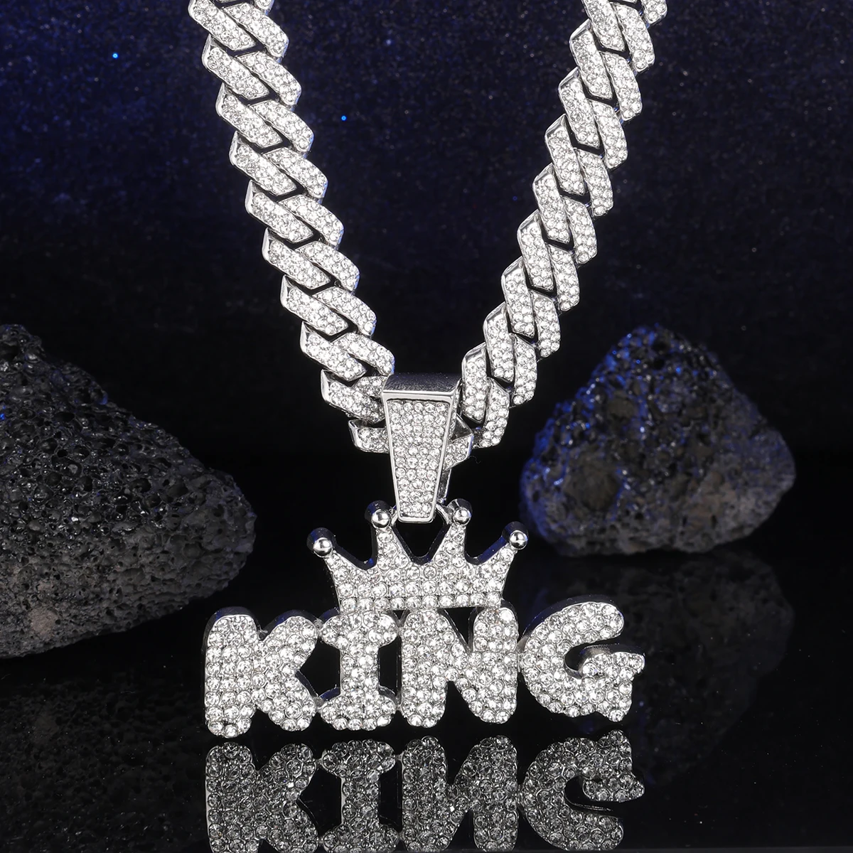 Hip Hop Crown King Pendant Necklace with Iced Out Cuban Link Chain for Men - Bling Rapper Pendant Jewelry