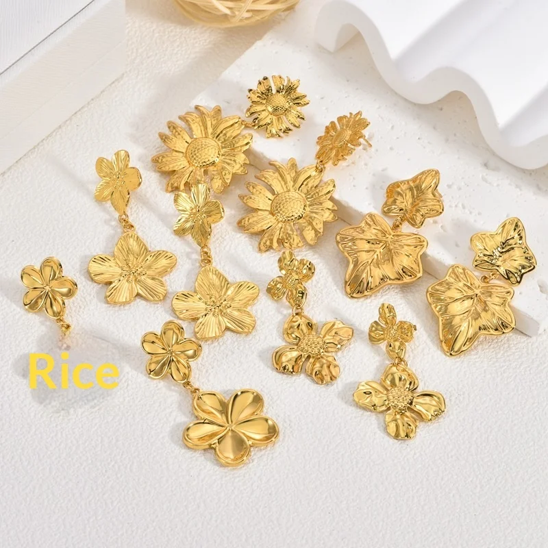 European American Tassel Flower Stainless Steel Drop Earrings Light Luxury High Sense Golden Autumn Winter Exaggerated Design