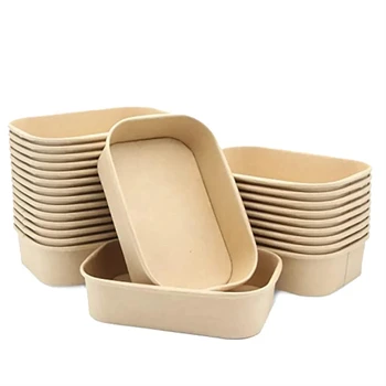 Disposable Rectangular Salad Food Lunch Kraft Paper Serving Togo Bowls With Lid Recyclable Square Take Out Salad Paper Bowl