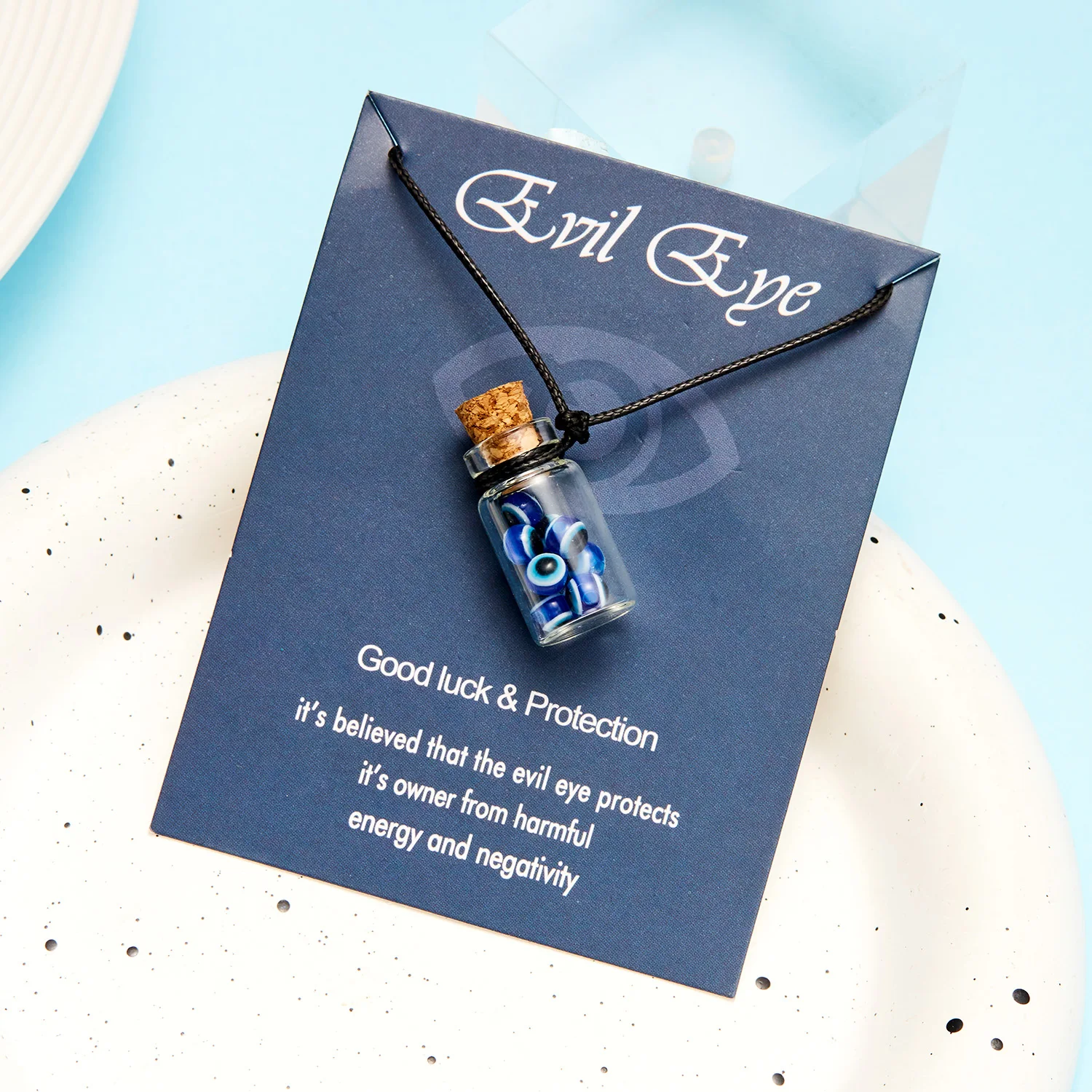 Rinhoo Lucky Sign Evil Eye Necklaces Glass Bottle Blue Eye Beads Pendant Wax Rope Handmade Card Necklace Women Men Jewelry Gift