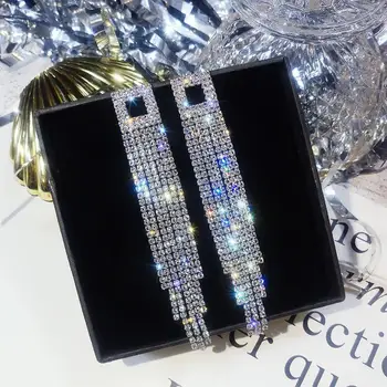 Orecchini con strass Bling Bling Long Tassel Crystal Drop Earrings Women Geometric Full Rhinestone Earrings