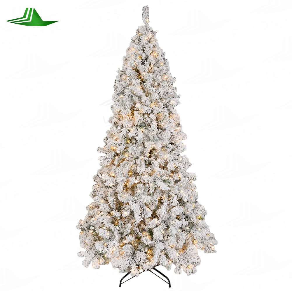 Hot Sale Prelit Green Artificial Snowing Flocked Christmas Tree Pe Pvc