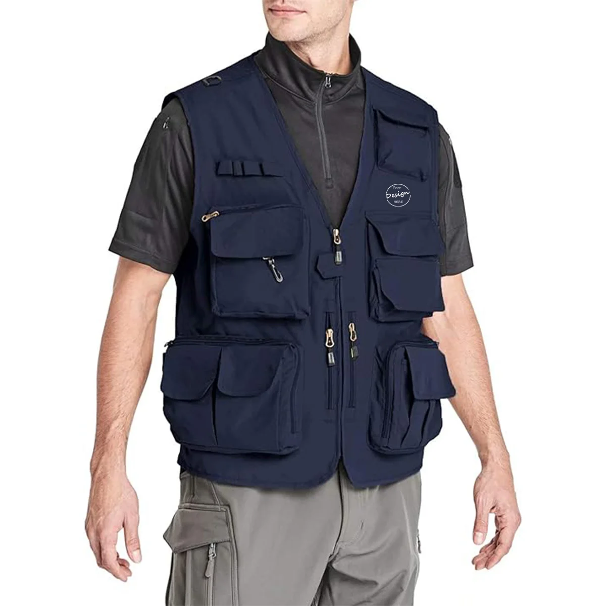 Printed Men Utility Hiking Workwear Tool Unisex Multi Pockets Breathable Work Mesh Vest Casual V-neck Tank Top