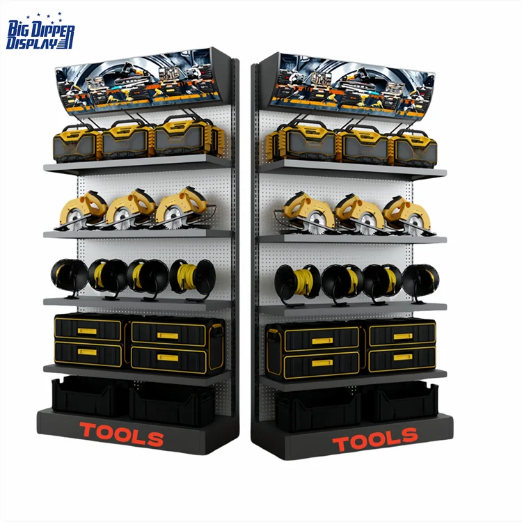 Custom Metal Hardware Store Display Racks Stands Floor Style Pegboard Display Stand Ferreteria Hooks Shelves Steel Iron Retail