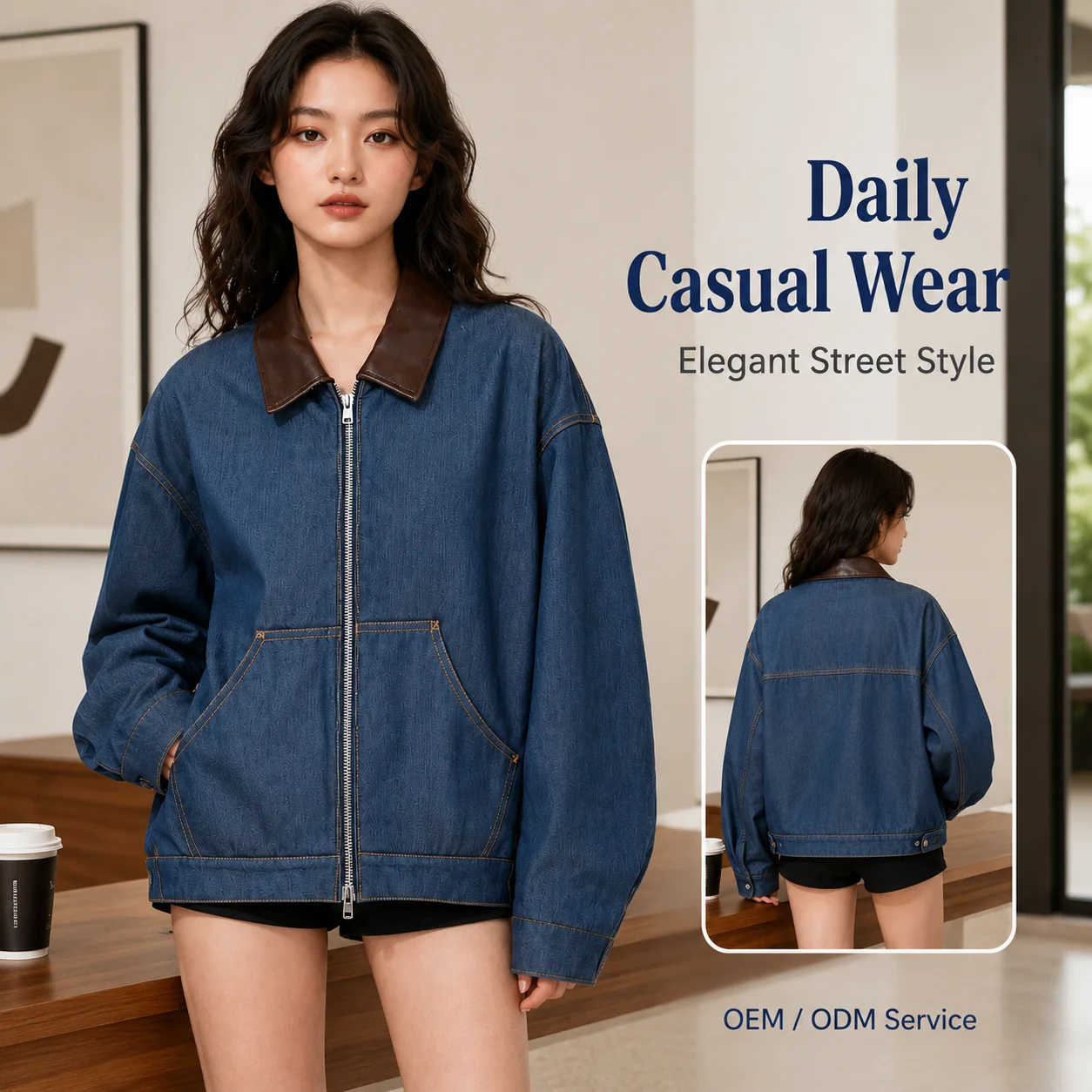 Fall/Winter New Elegant Medium Wash Denim Jacket Unisex Oversize Short Loose Fit
