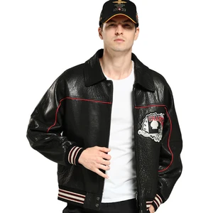 Avirex Men Bomber Jacket Hip Hop Leather Jackets Genuine Black Leather Jacket