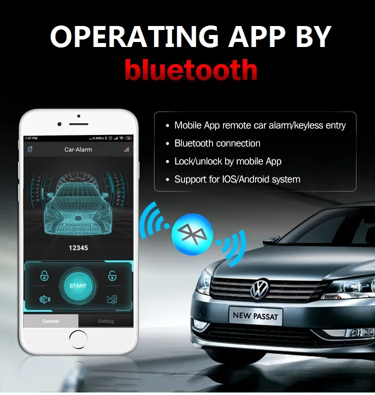 DC 12V Keyless One Way Mobile APP Remote Smart Car Alarm System