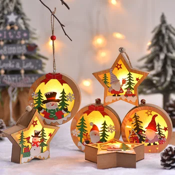 Newest Xas Tree Pendants Accessories Santa Claus Wooden Hanging Light Christmas Decorations