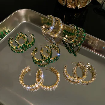 Luxury shiny diamond zircon emerald big hoop earrings korean jewelry rose gold baroque crystal earrings for women 2022