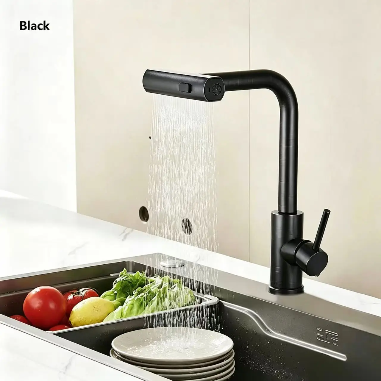 Commercial grade black faucet installation Black commercial kitchen faucet with waterfall spout in modern setting