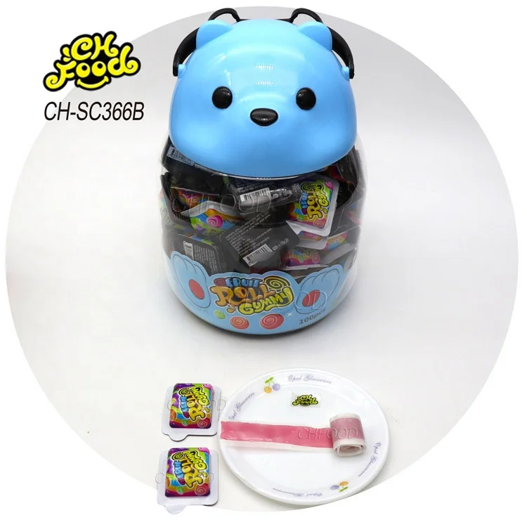 Halal Fruit Flavor Roll Gummy Candy in Glass Bear Bottle Factory Wholesale and OEM Soft Candy Sweets for Kids