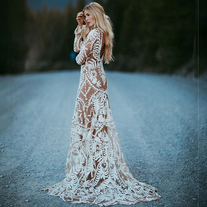 sachin and babi light blue dress Boho Wedding Dress Lace Lace A-Line Sweep Natural Waist Backless Long  Sleeves V-Neck Ivory